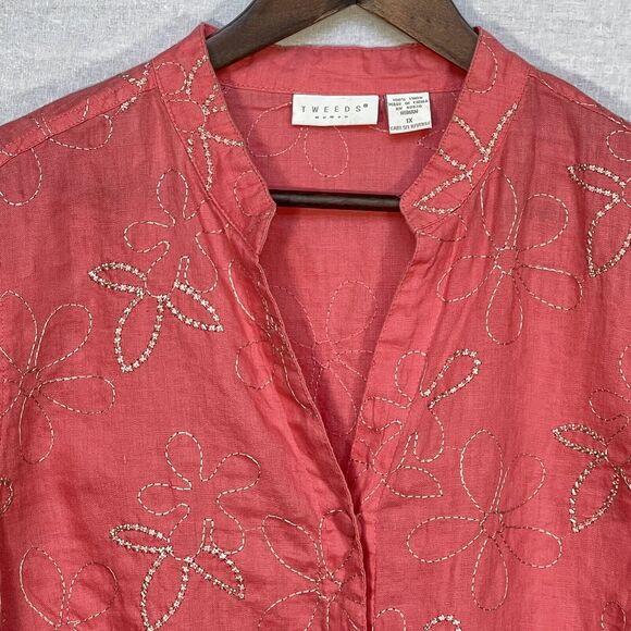 Tweeds Linen Henley Button-Up Shirt Women Size 1X Pink Floral Embroidery - Picture 3 of 13